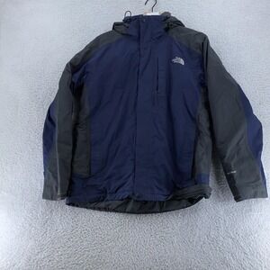North Face Jacket Mens Medium Blue Gray HyVent Hooded Quilted Lined Outdoor Coat